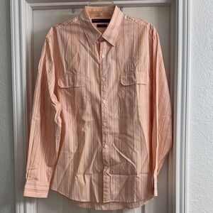 Perry Ellis Peach and White Striped Long-Sleeve Button-Down Shirt